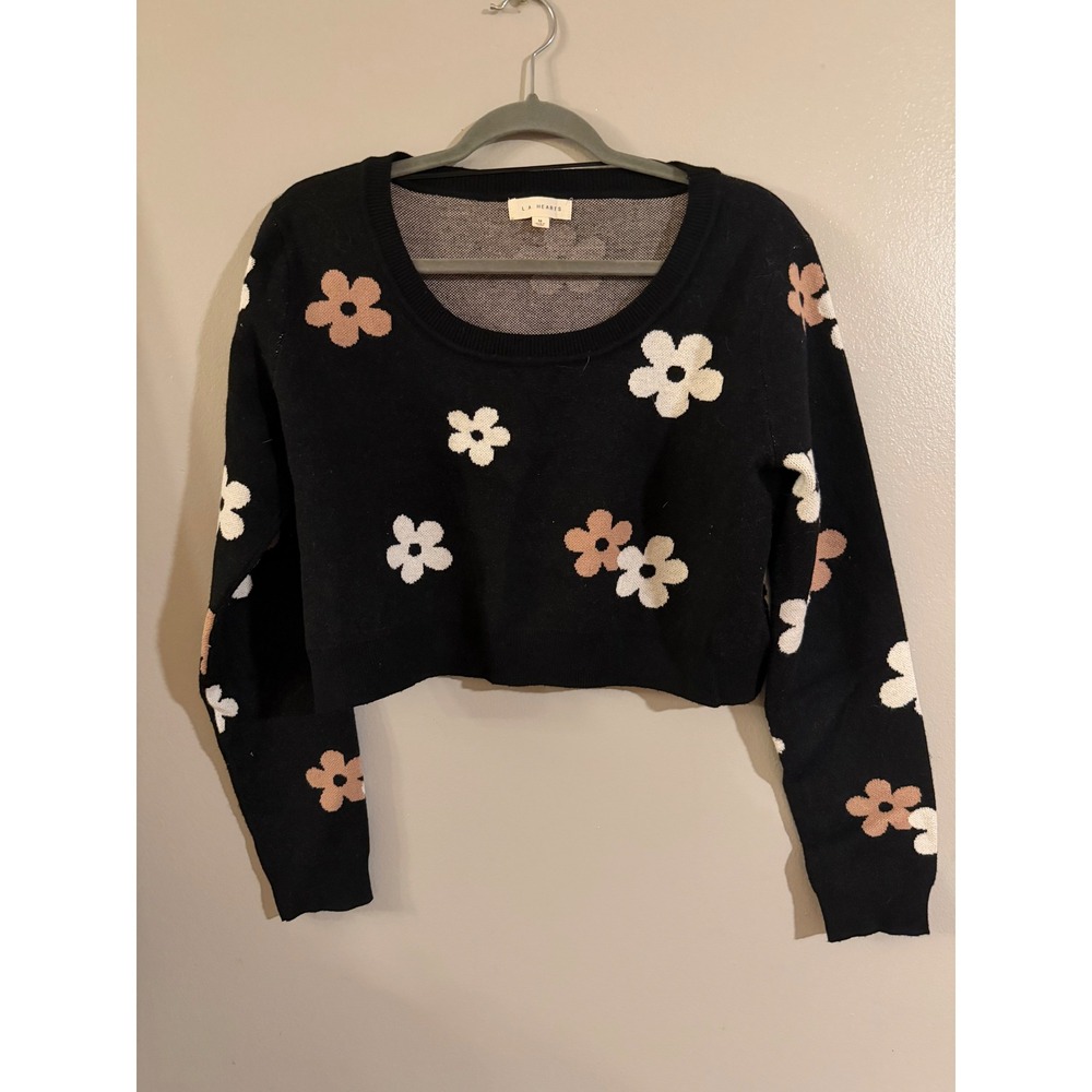 LA Hearts Women Black Floral Cropped Sweater Scoop Neck Long Sleeve Size M